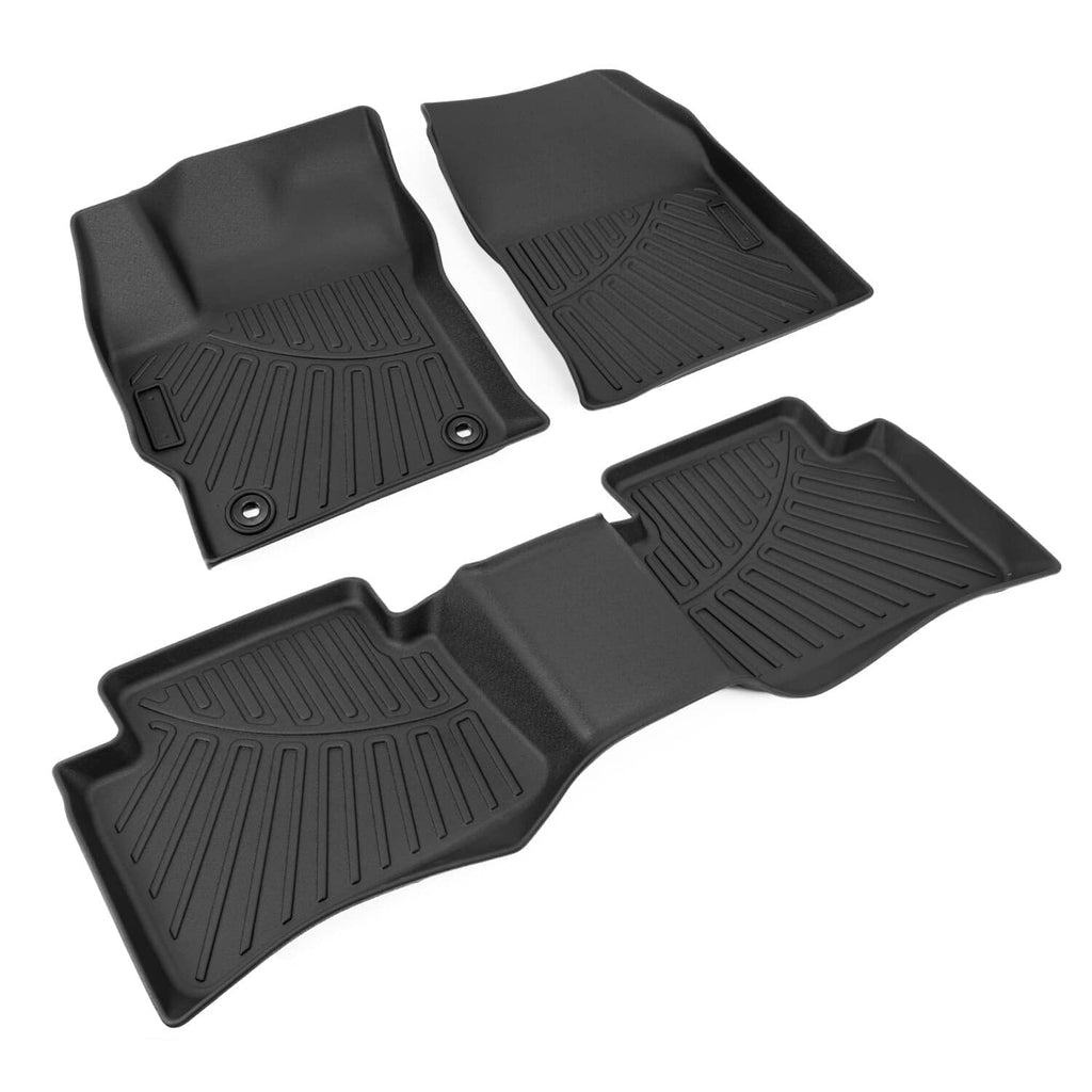 Four-piece black floor mat liners with molded channels and anti-slip textured surface
