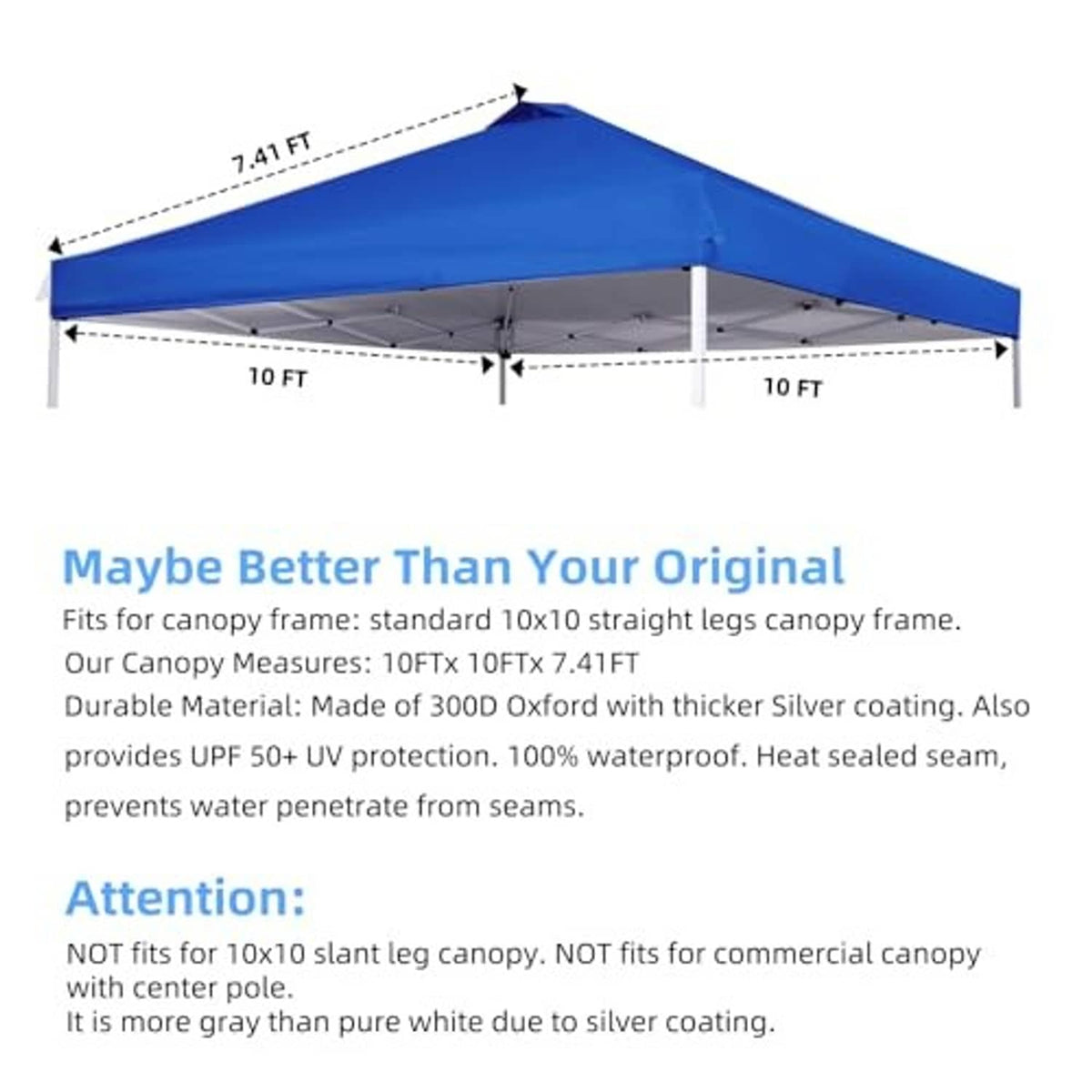 Blue waterproof canopy top with 10 ft x 10 ft size dimensions