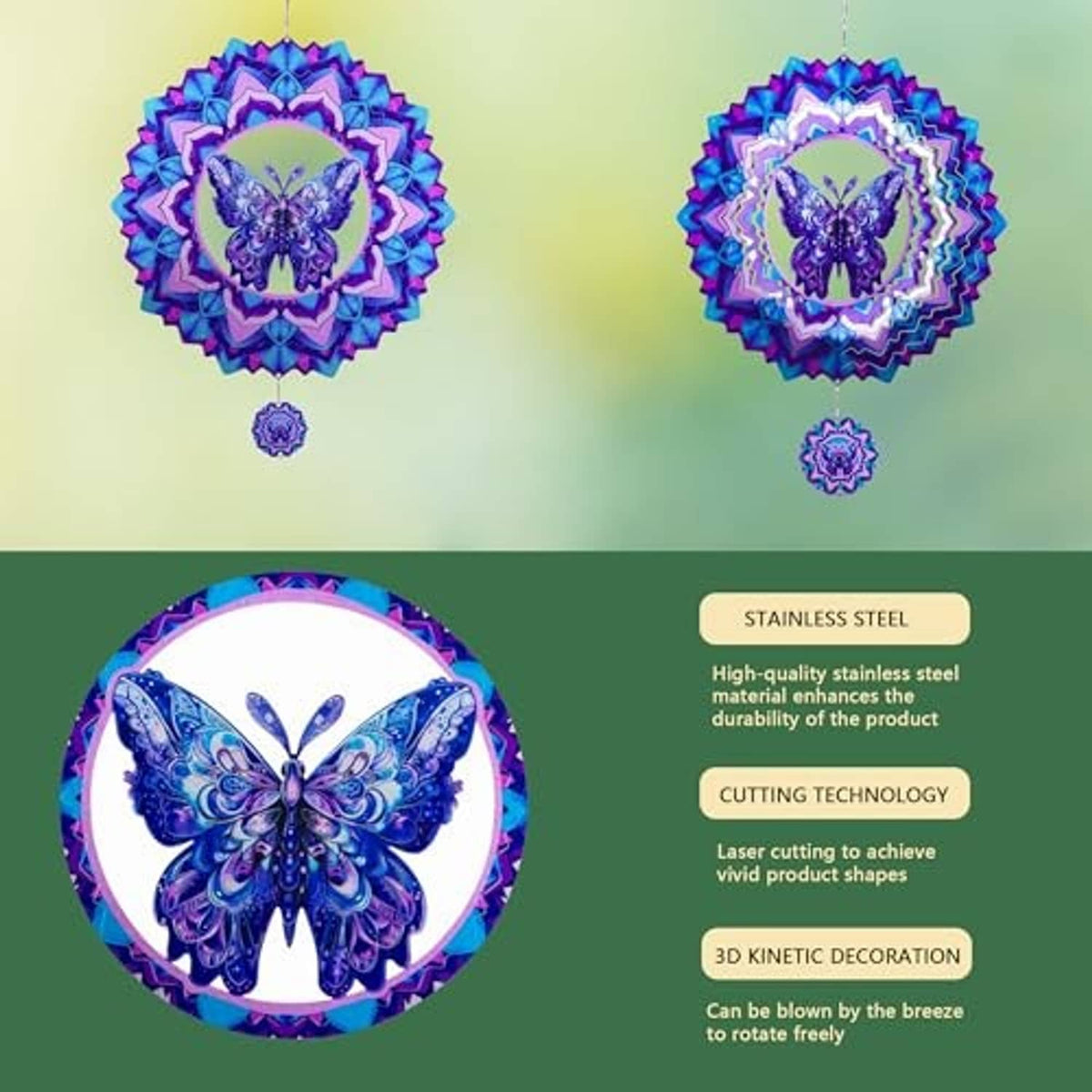 Butterfly wind spinner rosette with blue-purple butterfly center on features graphic