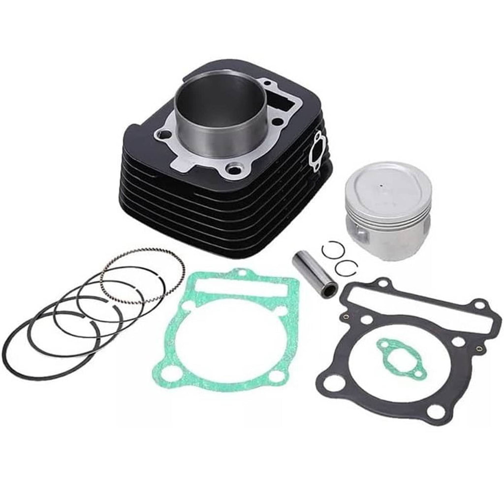 Top end rebuild kit with black cylinder, silver piston, gasket set, and piston rings