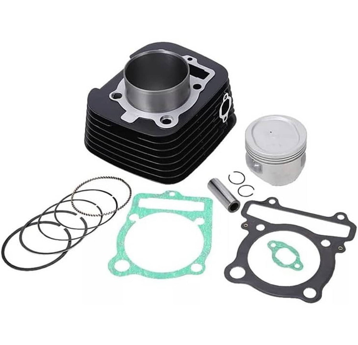 Top end rebuild kit with black cylinder, silver piston, gasket set, and piston rings
