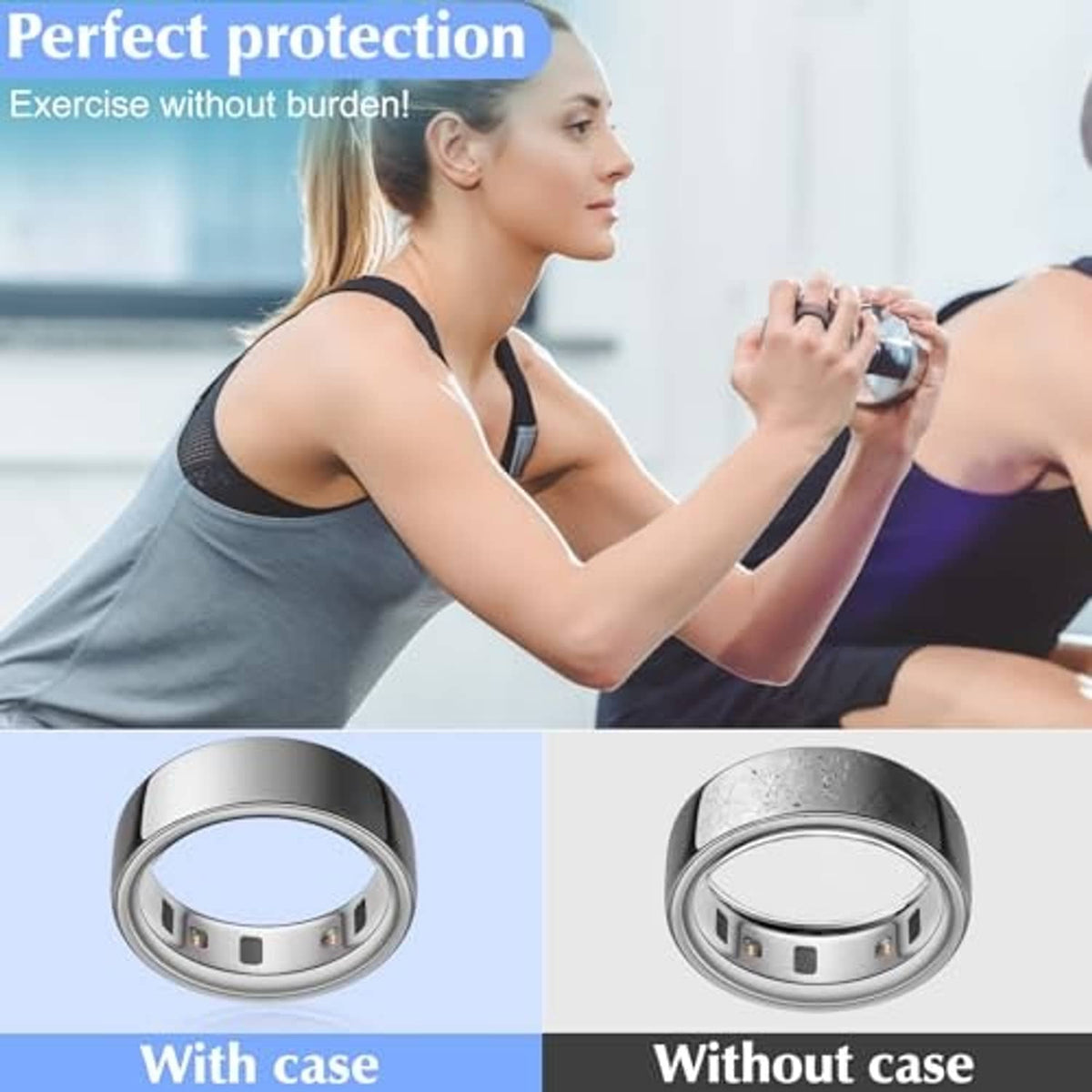 Ring protector sleeve in metal ring area, shown with and without protective case