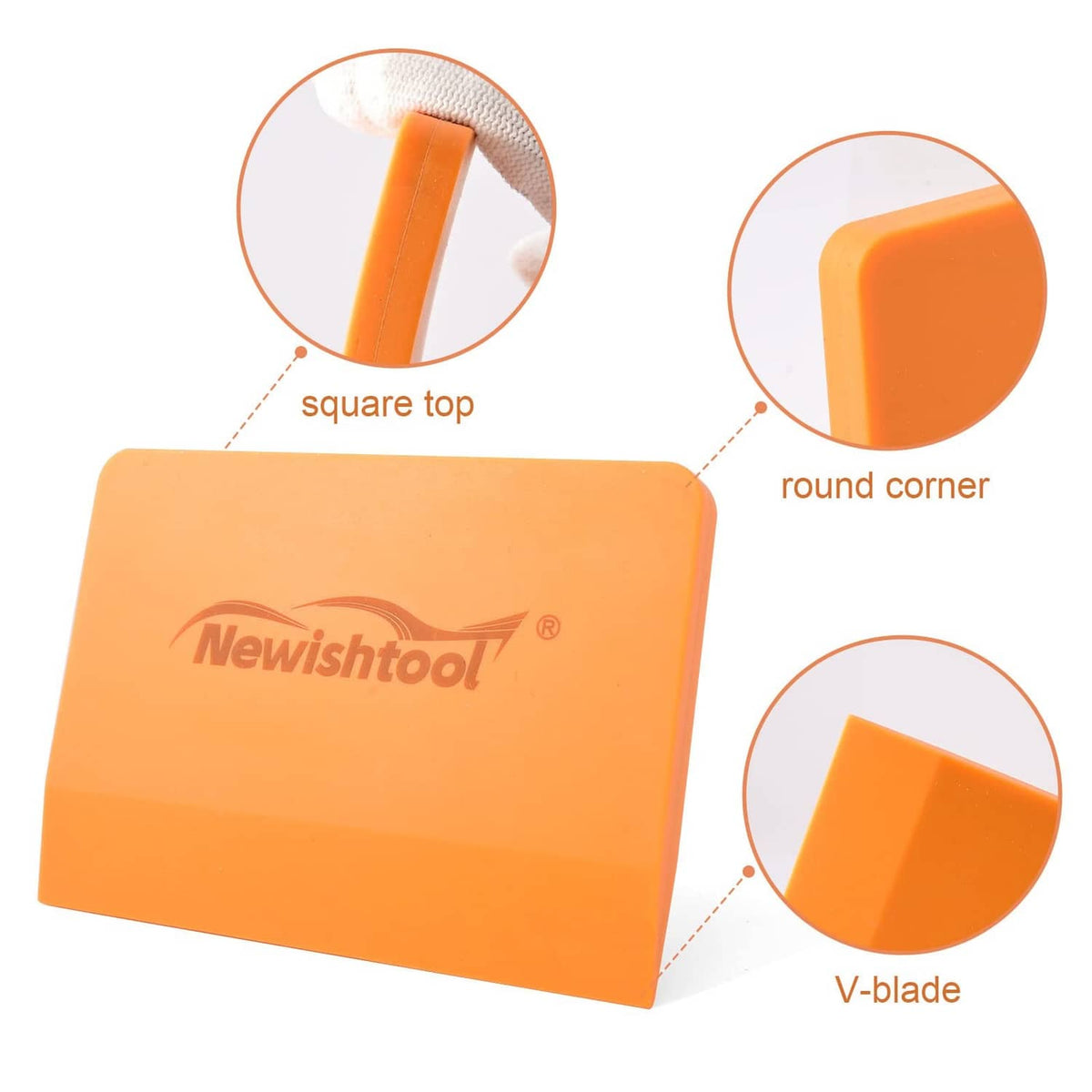 Orange Newishtool silicone squeegees showing square top, rounded corners, V-blade, set of 2.