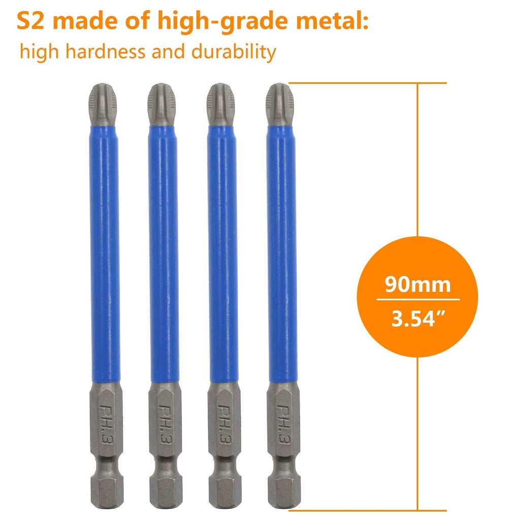 PH3 Phillips magnetic bits set, blue shafts, 90mm length, gray hex shanks