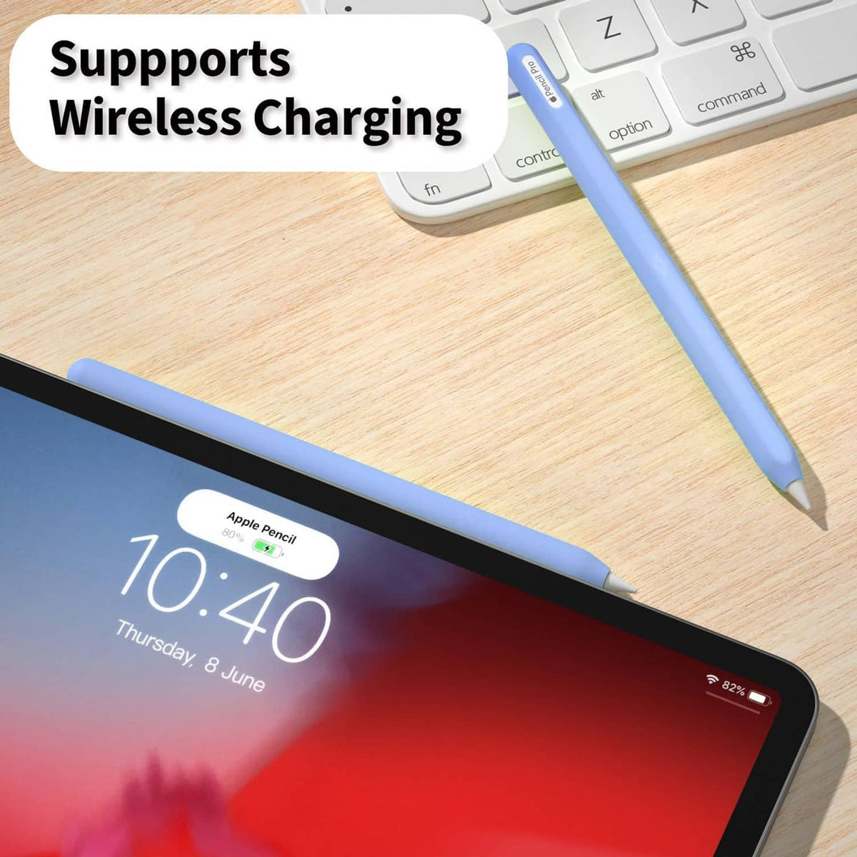 Blue protective silicone stylus cover over a tablet stylus, pointed tip visible