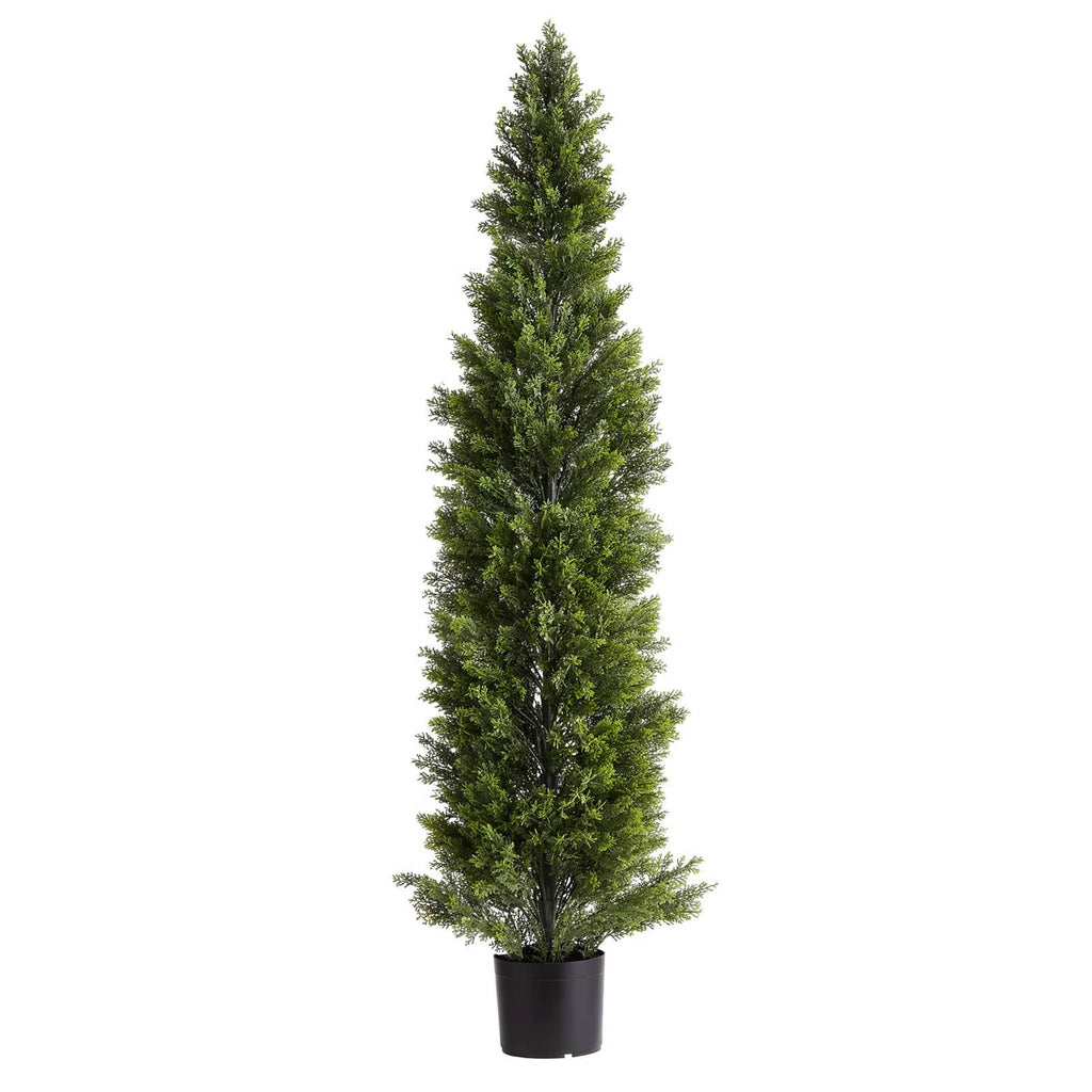 Tall artificial cedar tree topiary in black pot, full green canopy