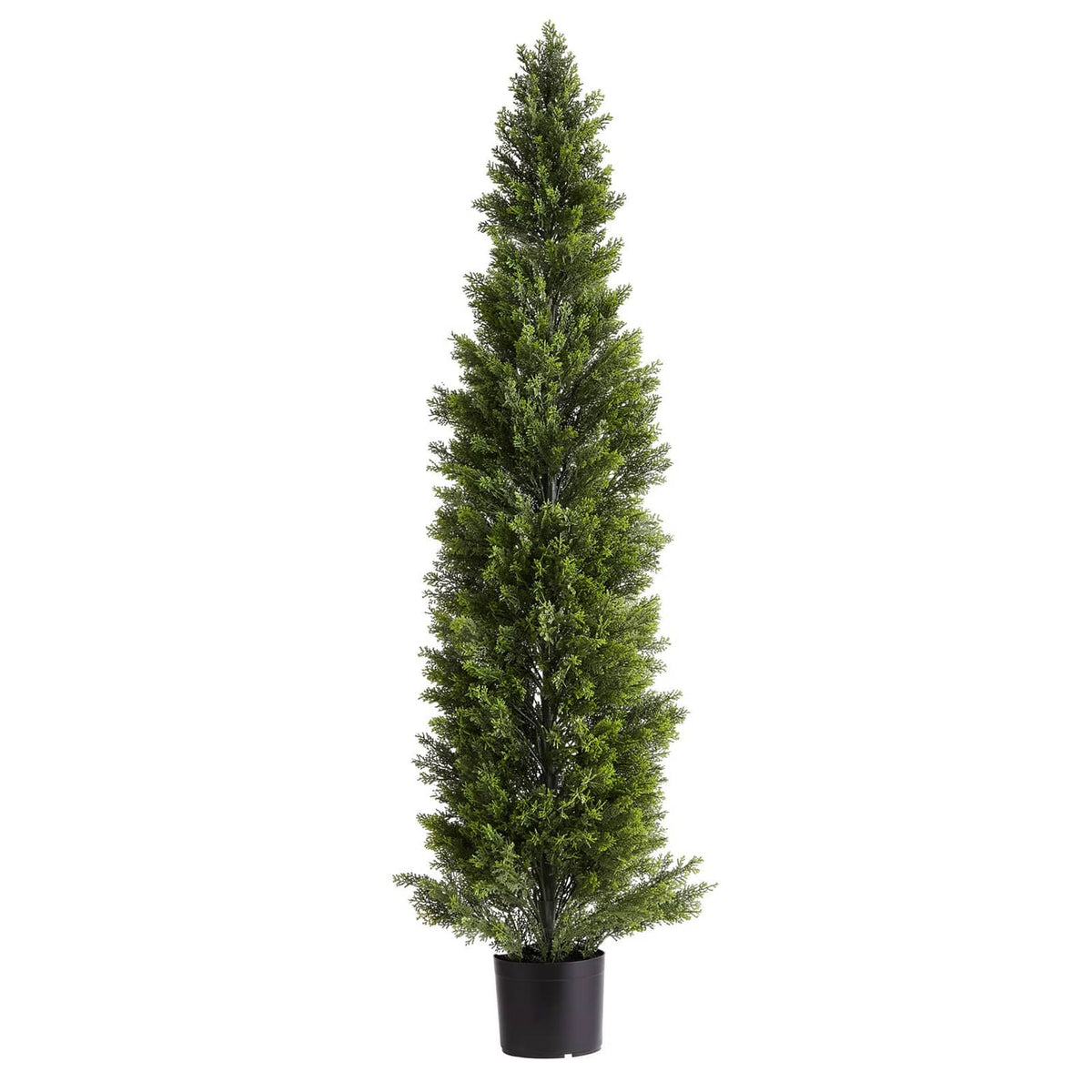 Tall artificial cedar tree topiary in black pot, full green canopy