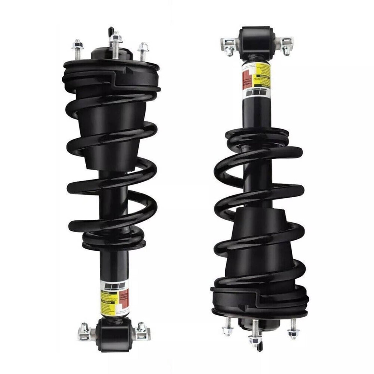 Pair of front shock struts with black coil springs and mounting hardware