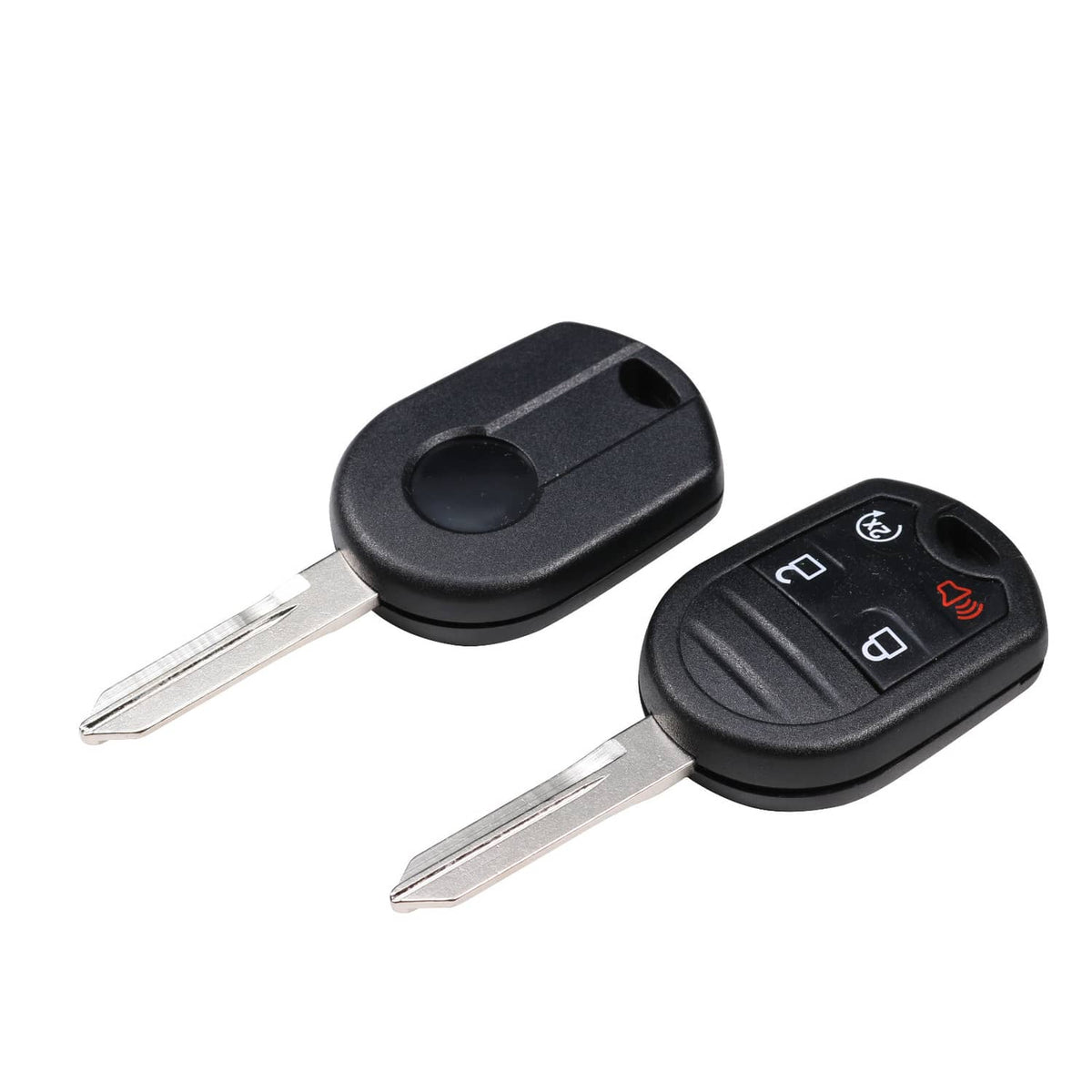 Two remote car start key fobs showing button icons and metal key blades