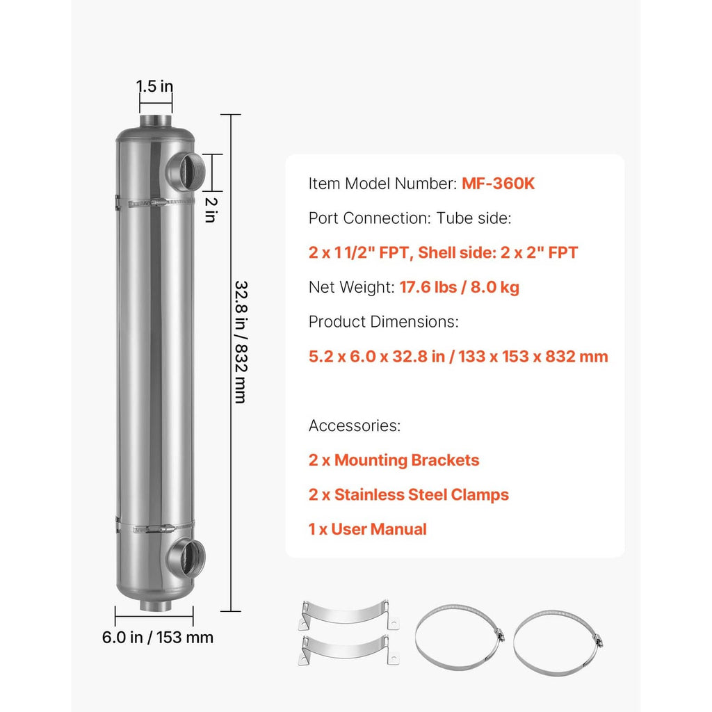 Stainless steel vertical heat exchanger with accessories: mounting brackets, clamps, manual