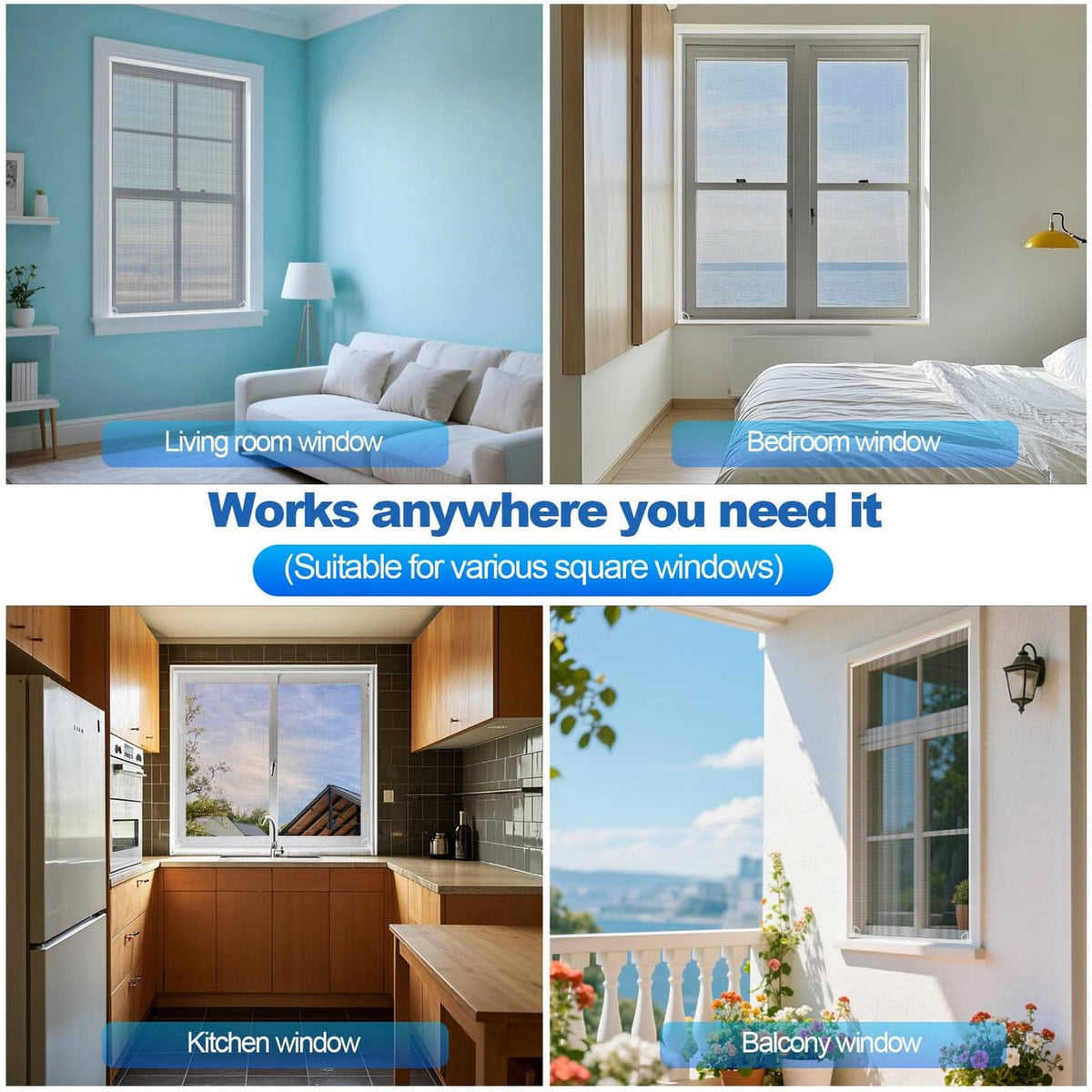 Window screen frame kit fitted on living, bedroom, kitchen, and balcony windows