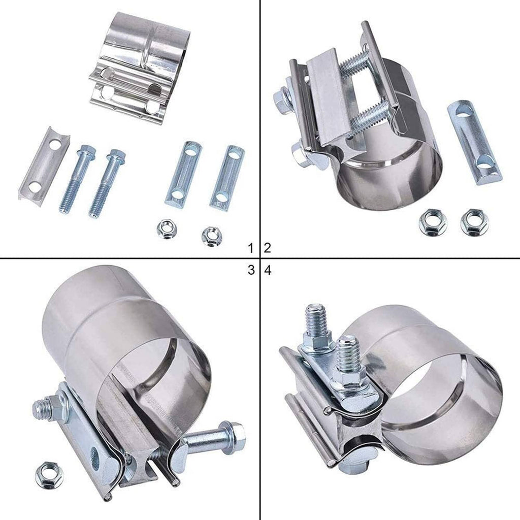 Exhaust clamp kit: stainless band, bolts, nuts, and mounting plates for 3-inch pipes