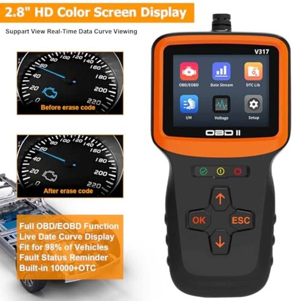 OBD2 code reader scanner with HD color screen and orange-accented control panel