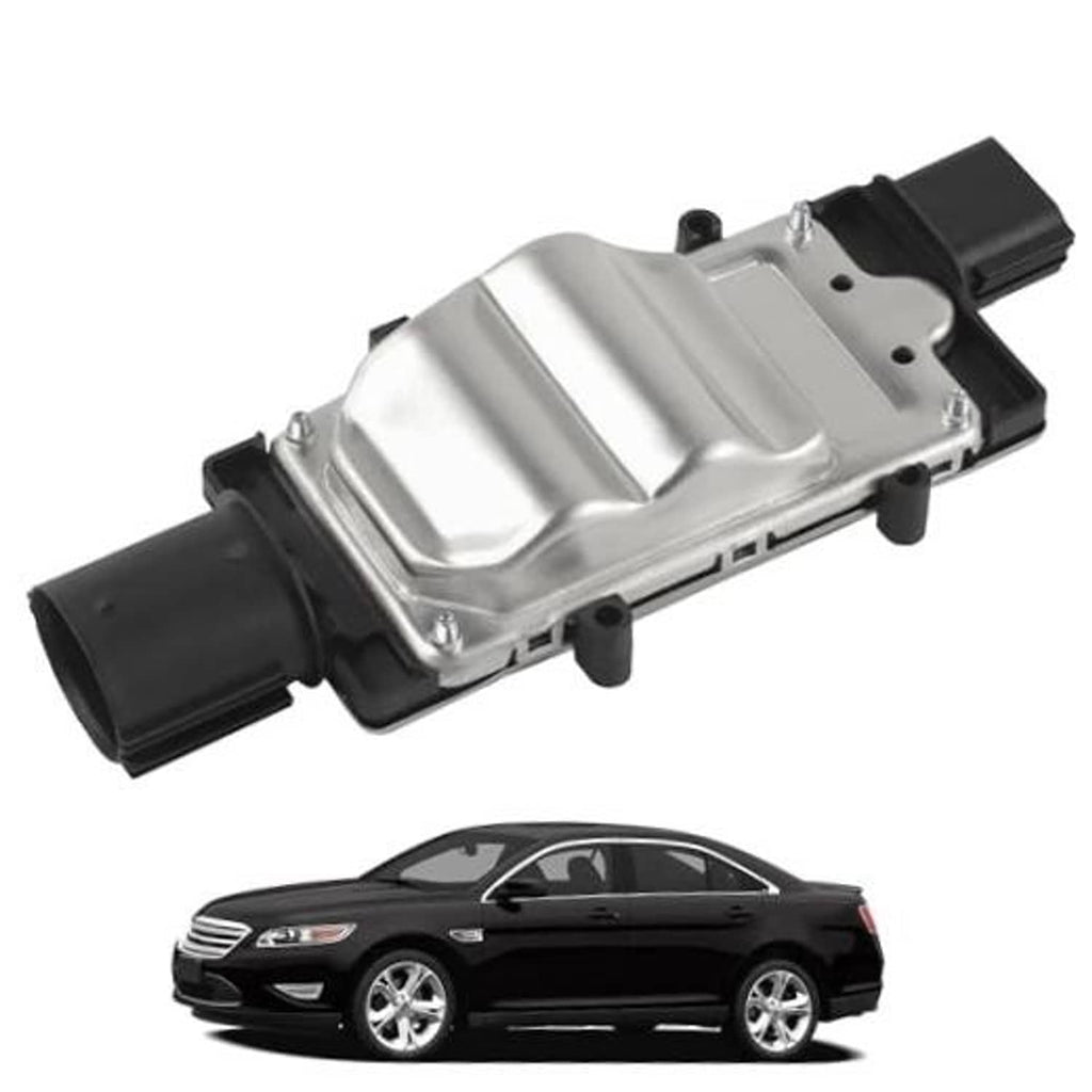 Radiator fan control module with silver metal housing and black electrical connectors
