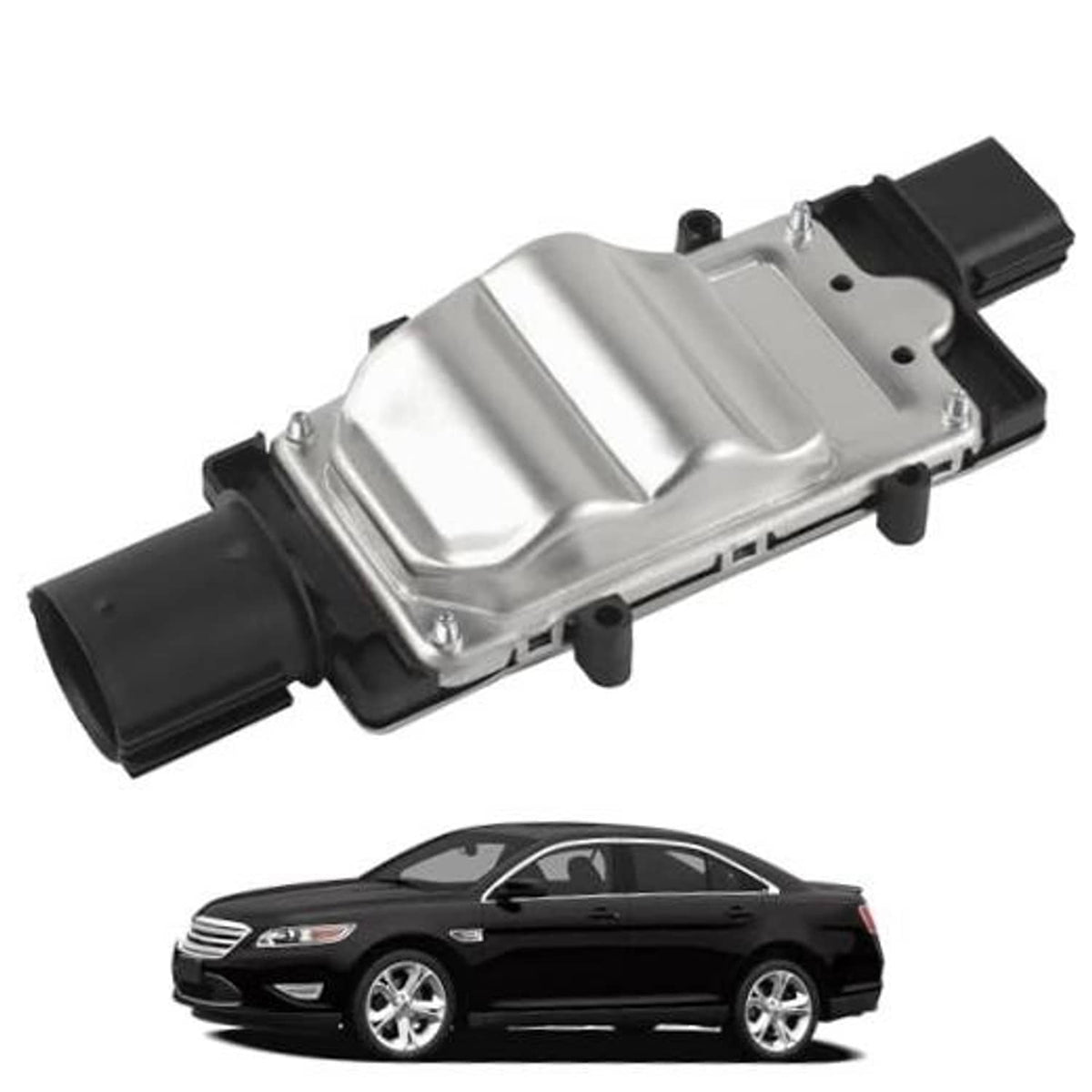 Radiator fan control module with silver metal housing and black electrical connectors