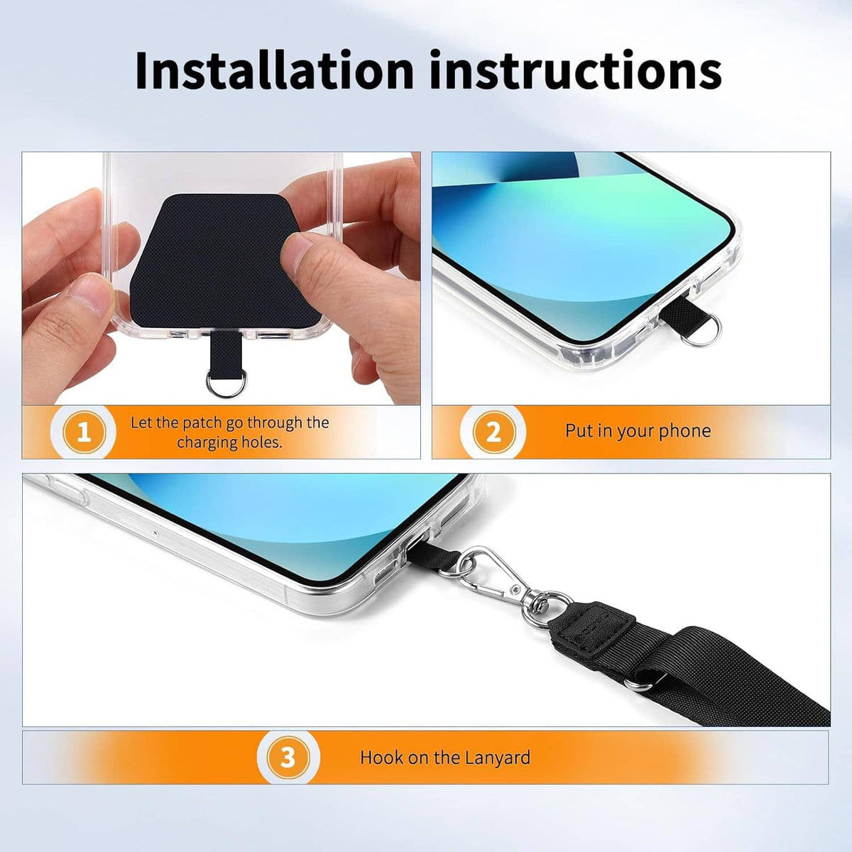 Phone lanyard installation showing clip attachment to phone case and lanyard hook