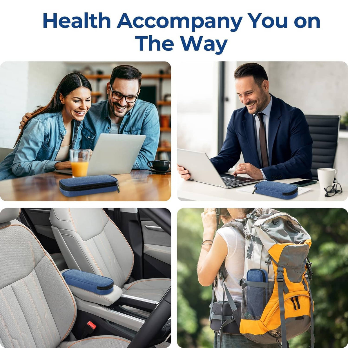 Blue cooler case placed on a car seat for on-the-go travel