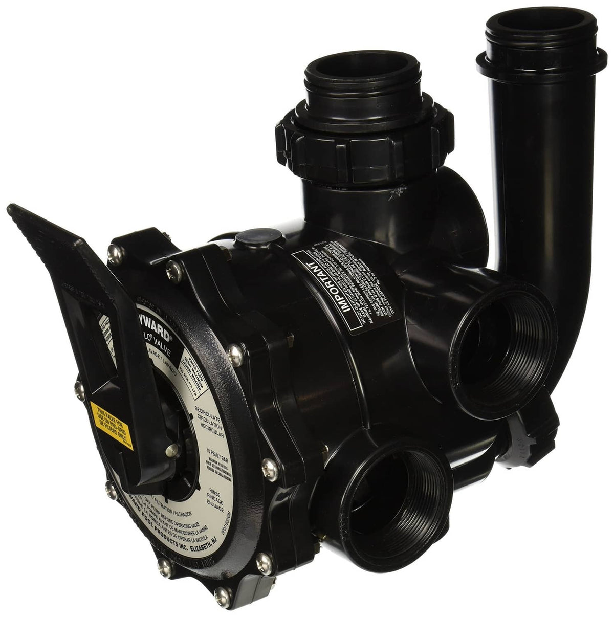 Black pool control valve body with multiple threaded ports and attached dial housing