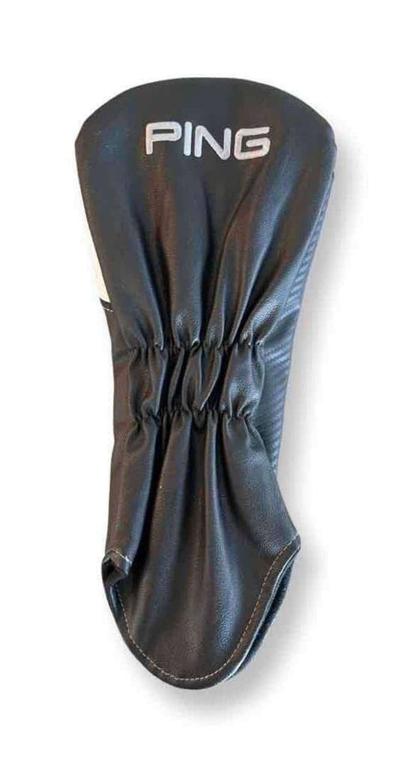 PING driver leather headcover, black with white PING logo on cuff