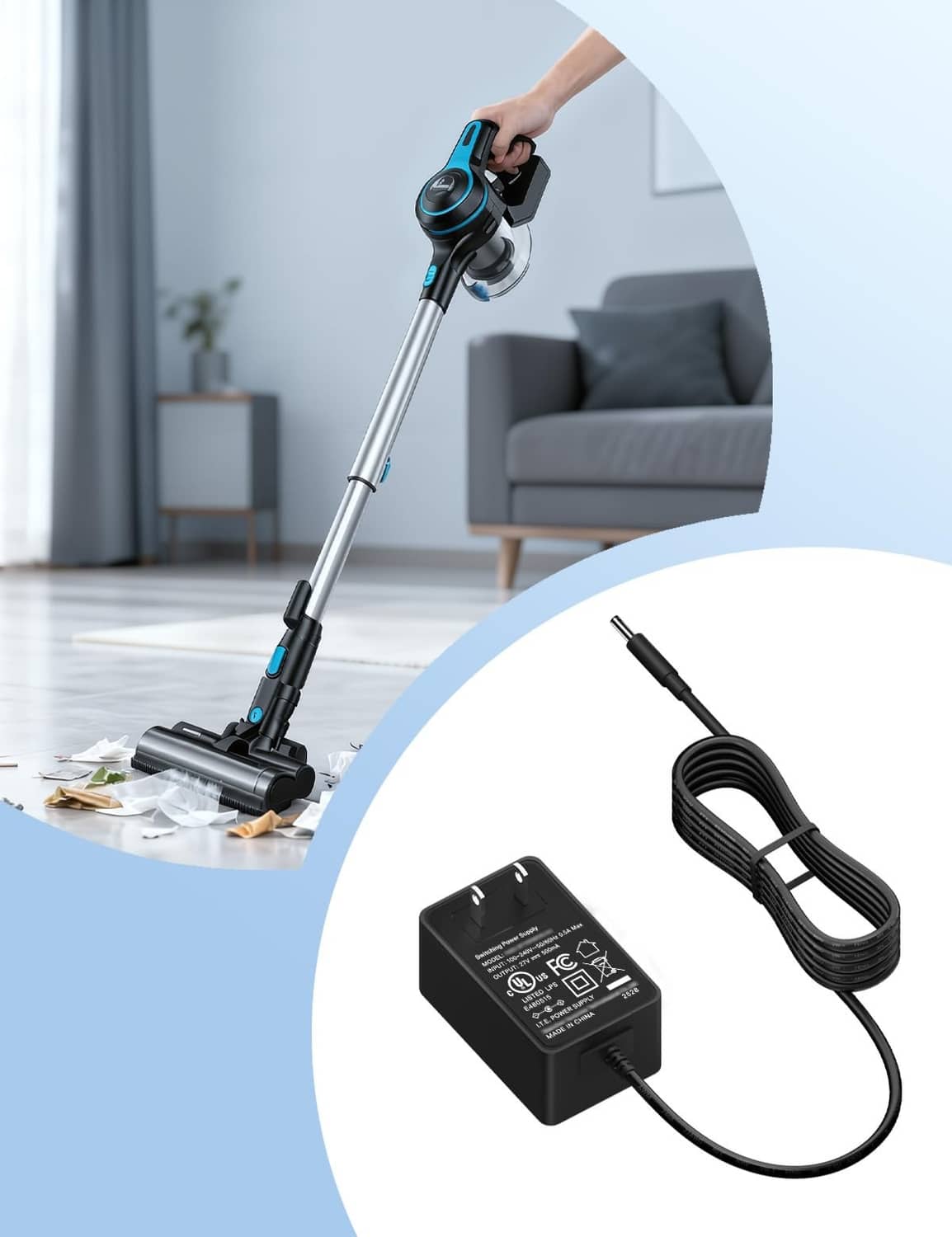 Black vacuum charger adapter with coiled cable