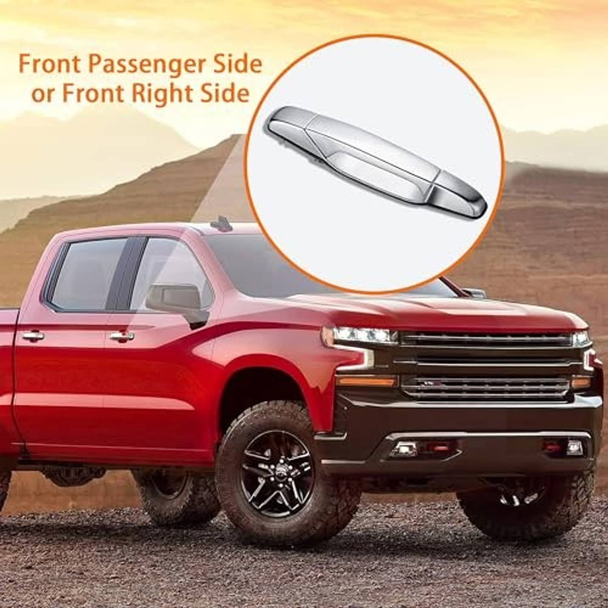Exterior chrome door handle on a truck front passenger side, shown in circular detail.