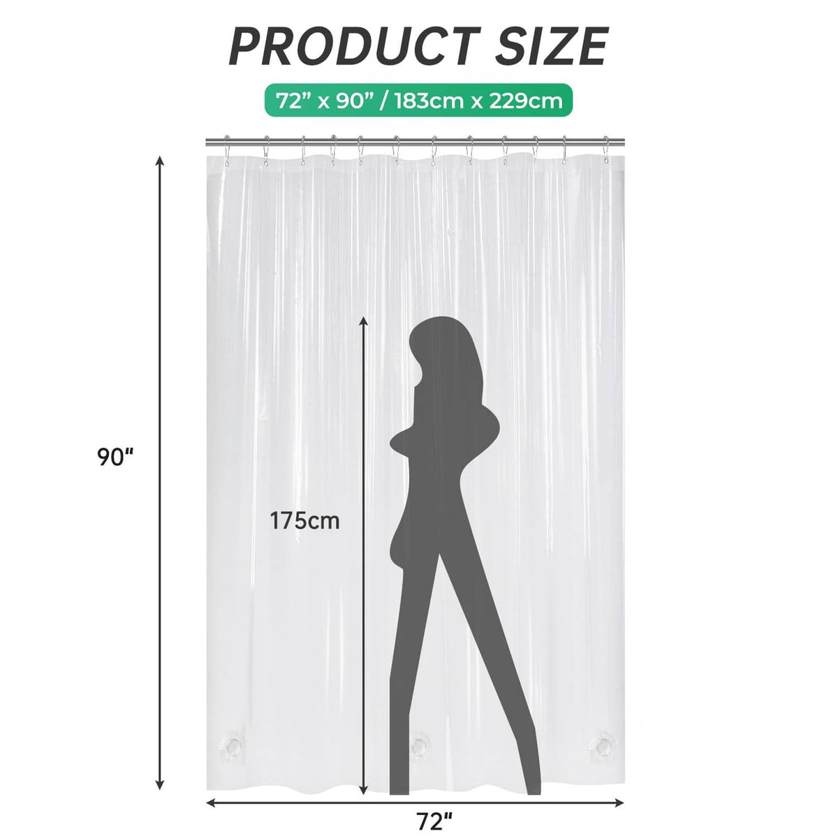 Clear extra long shower curtain liner size guide with silhouette