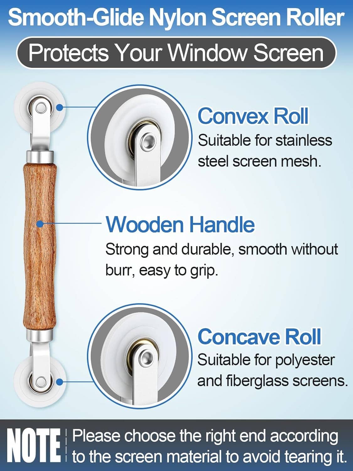 Screen roller tool with wooden handle and dual wheels for window screen mesh