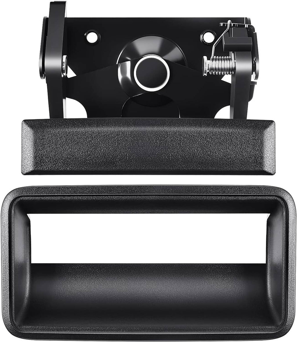 Black tailgate handle bezel frame with latch plate and handle pull bar