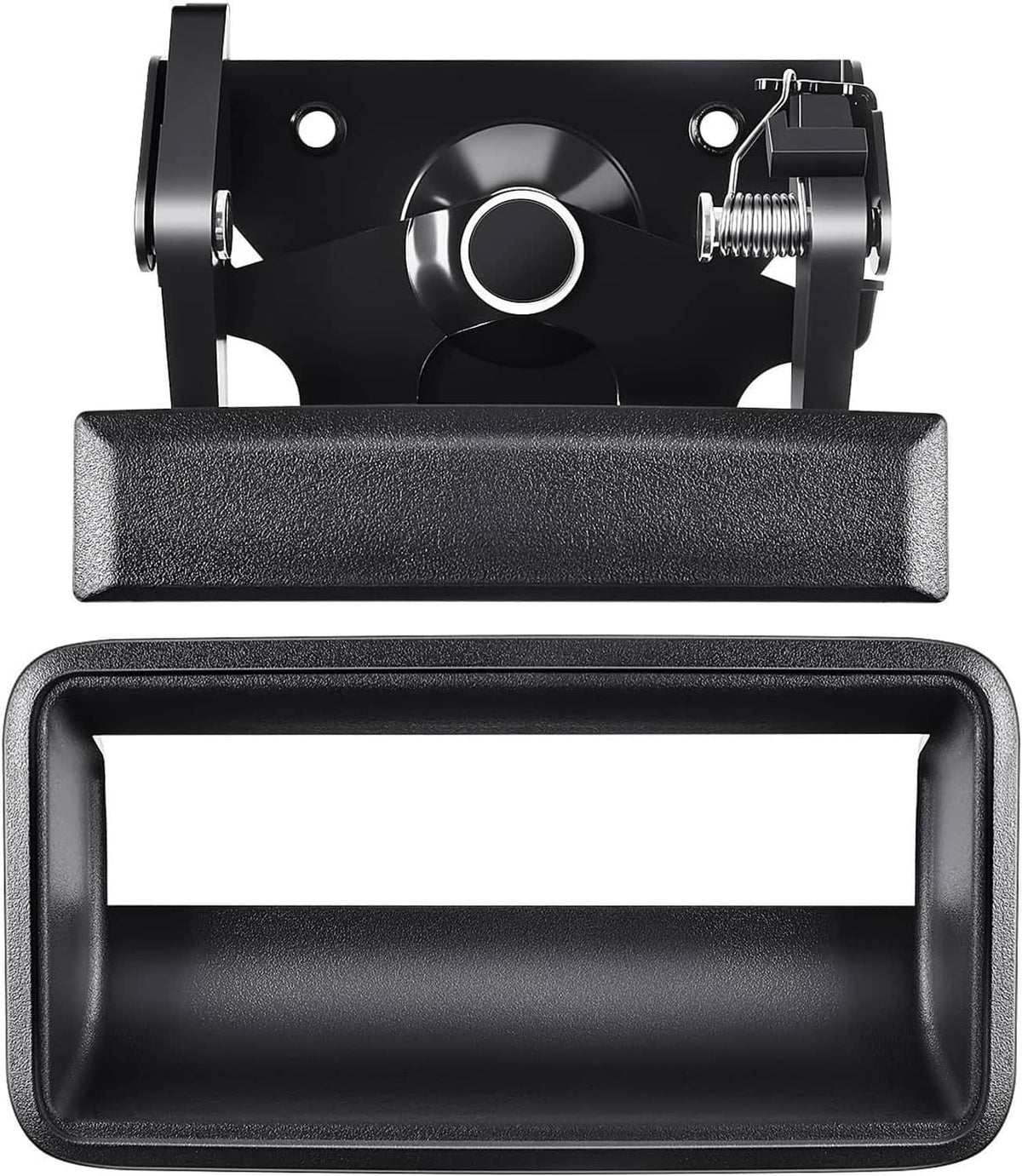 Black tailgate handle bezel frame with latch plate and handle pull bar