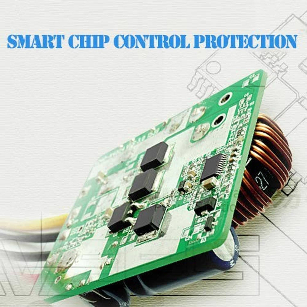 DC buck-boost converter PCB with green board and copper coil components