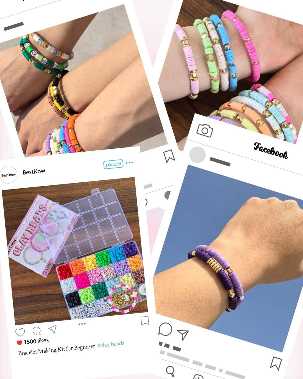 Colorful bead bracelets on wrists with stretchy string and small charms