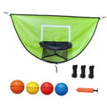 Green trampoline basketball hoop net with black rim and four mini basketballs