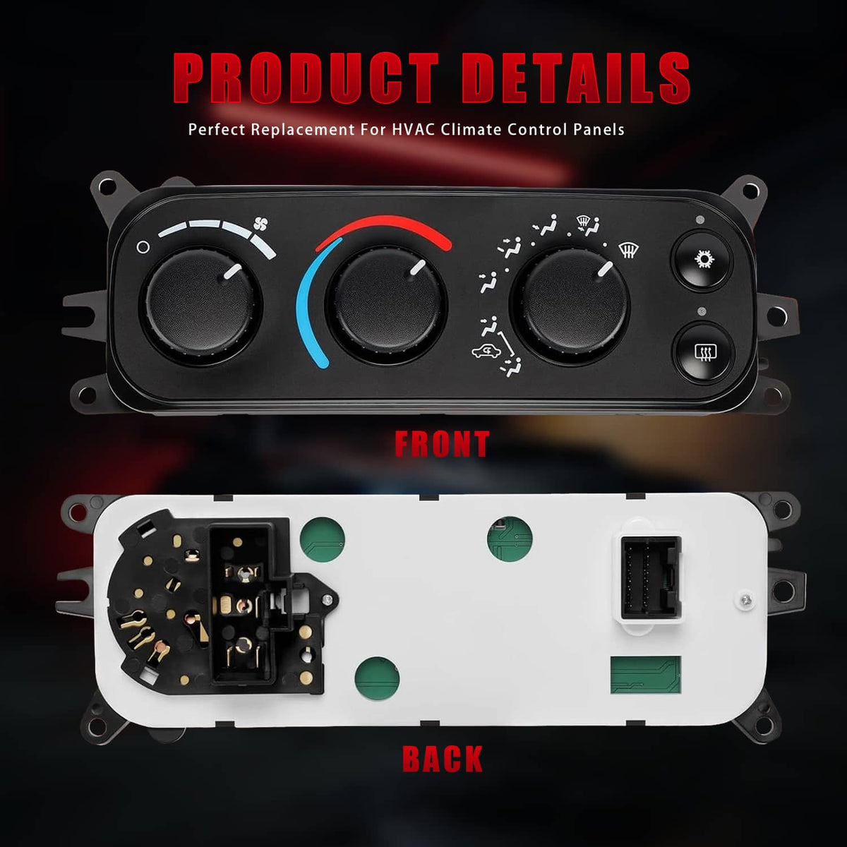 A/C heater climate control module front panel with three dials and side mounting brackets