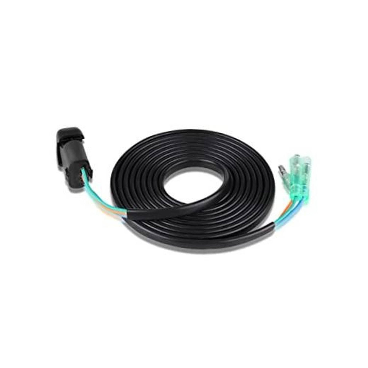 Outboard trim/tilt switch harness with coiled black cable and teal connector ends