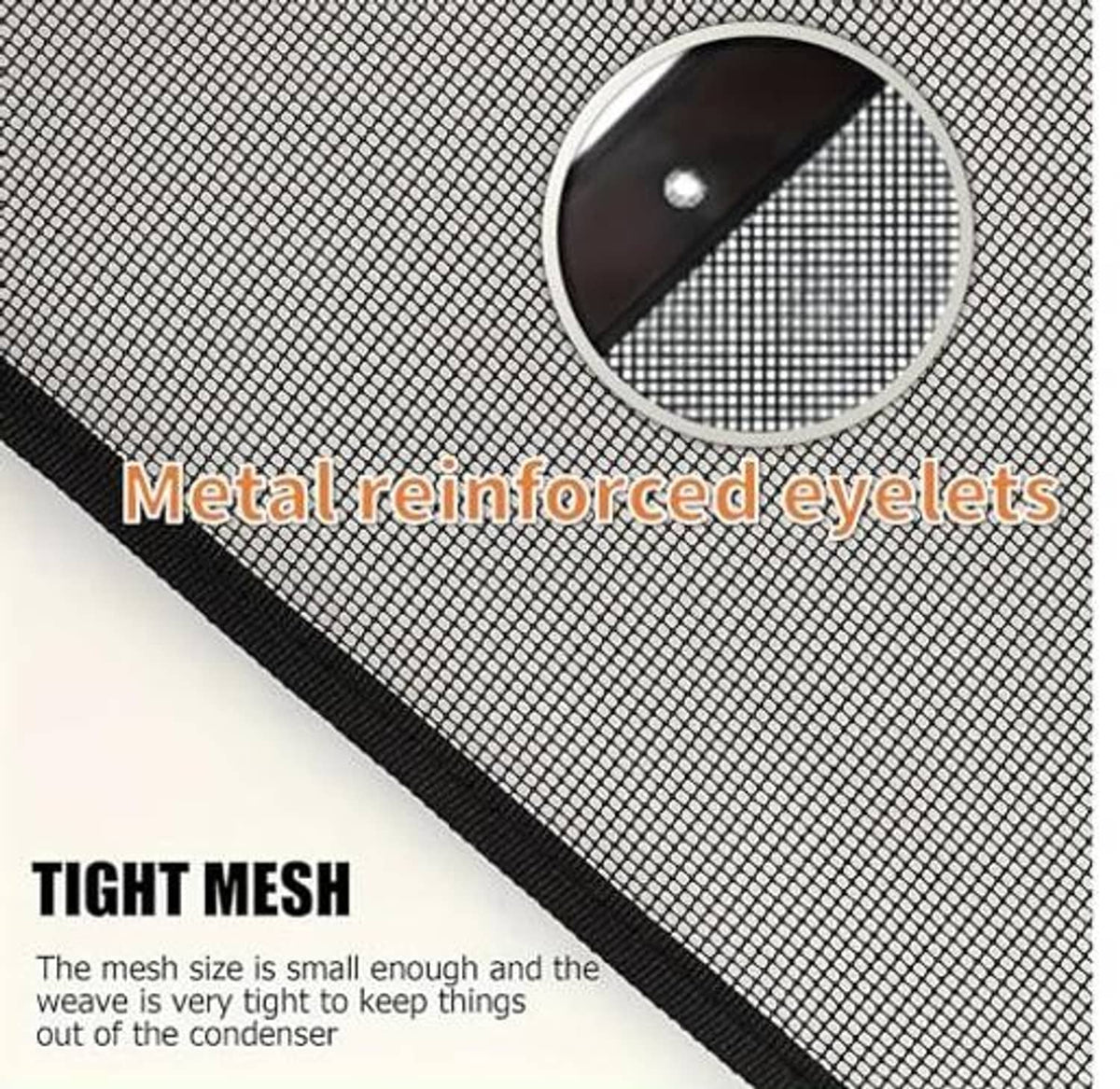 Tight mesh AC condenser cover with metal-reinforced eyelets and black trim