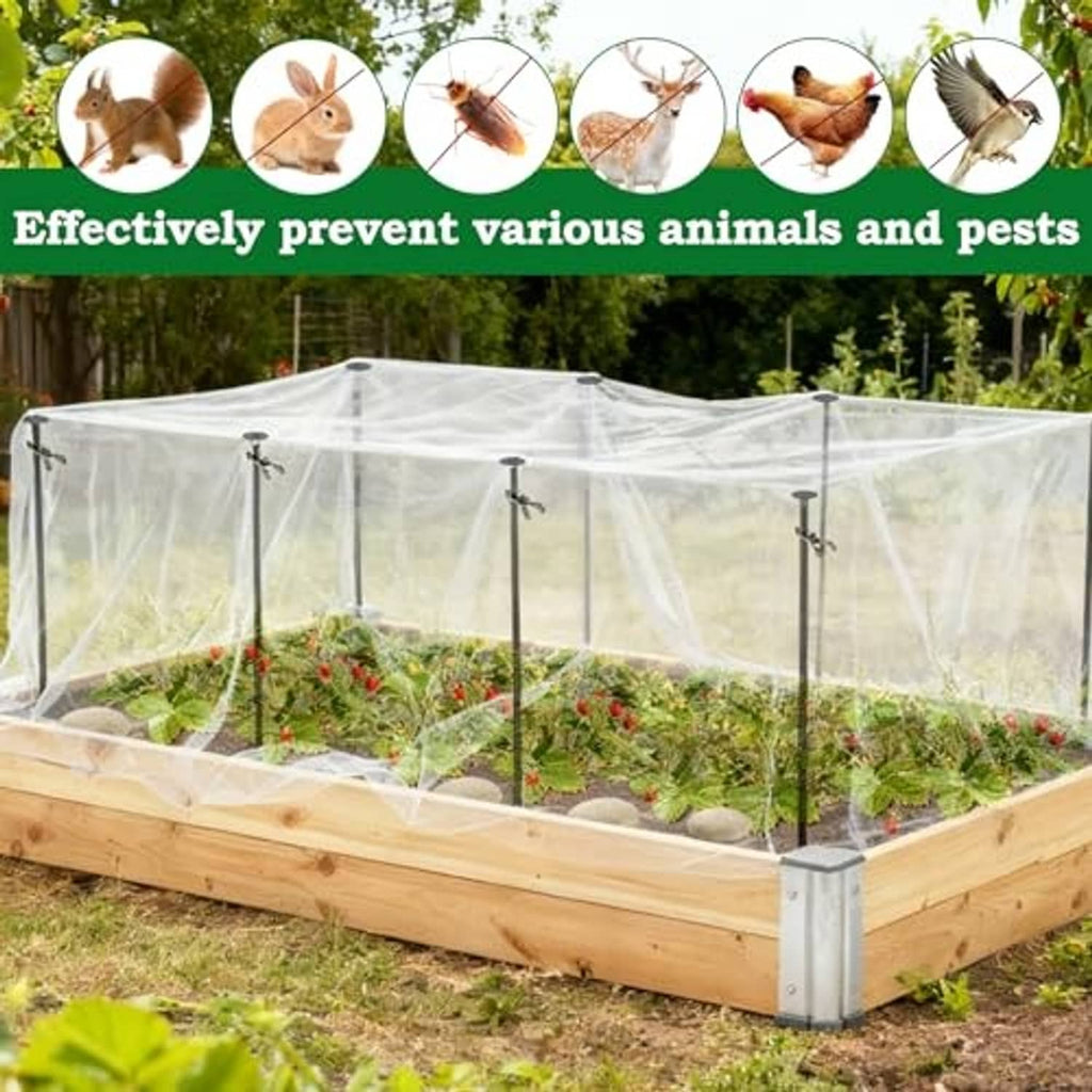 Clear white mesh pest net over a wooden raised garden bed with upright metal poles
