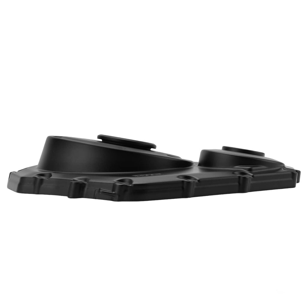 Aluminum engine cover side view with raised tabs and smooth curved edge