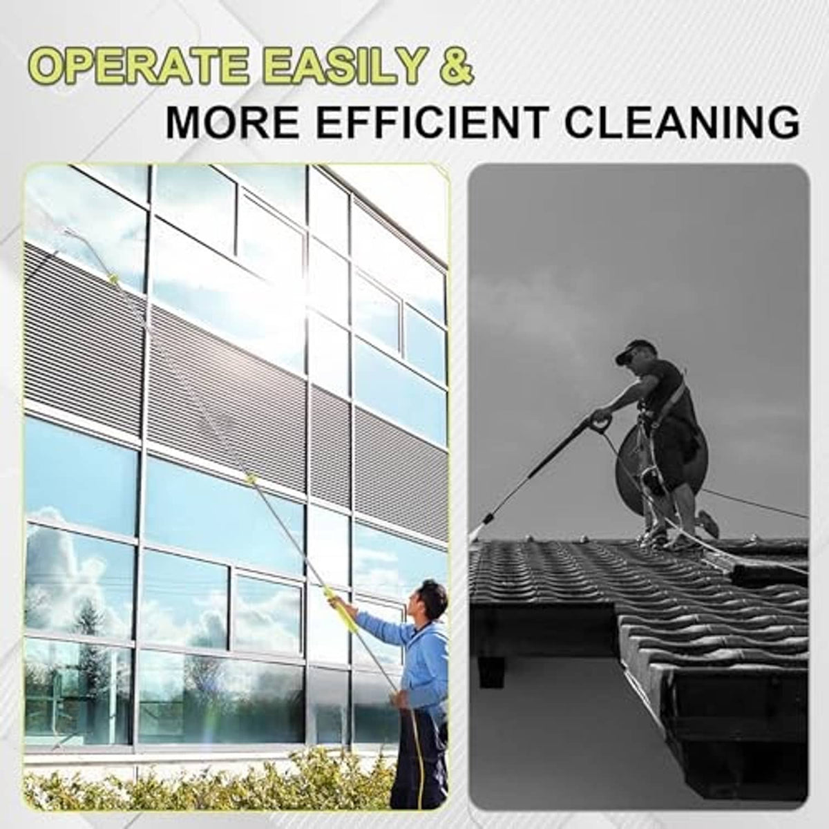 Pressure washer extension wand with long lance and green connector tip for window cleaning