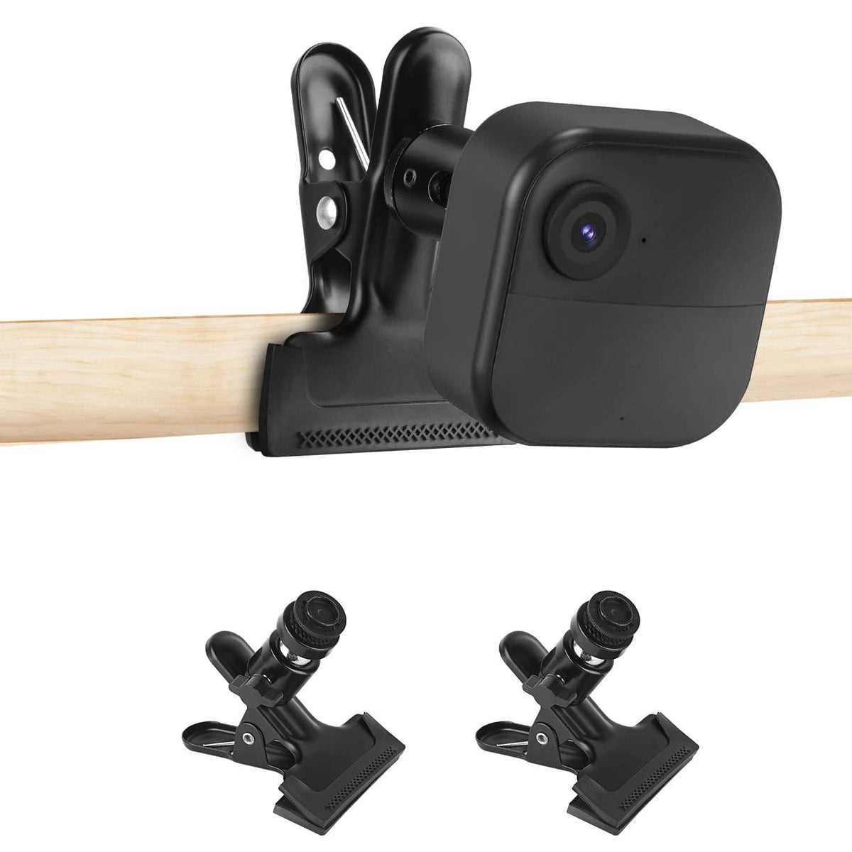 Black clip clamp mount holding a security camera on a wooden railing