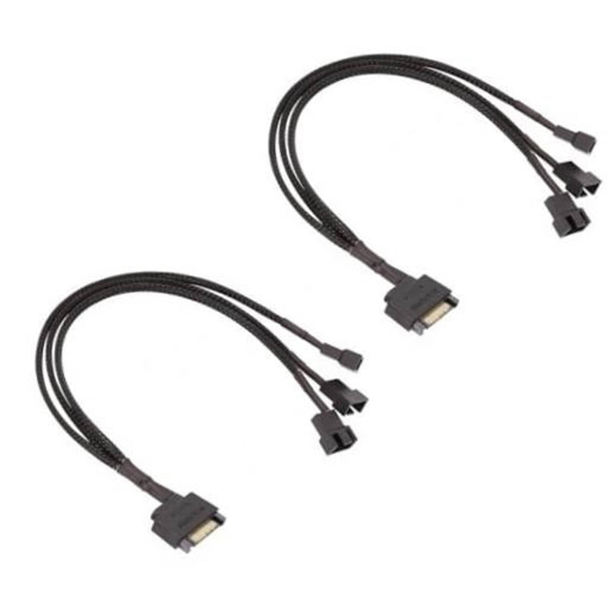 15-pin SATA to 3-pin PC fan power adapter cable set, black braided cords, 2 pack