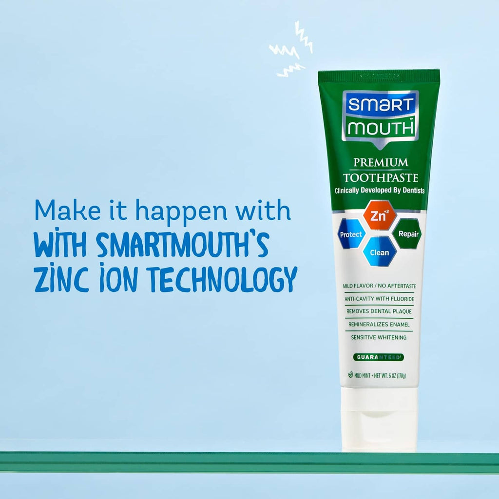 Premium zinc ion toothpaste tube, white base with green label and mint flavor