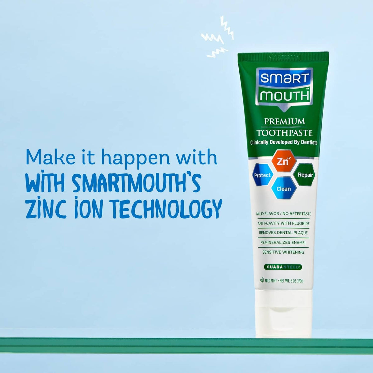 Premium zinc ion toothpaste tube, white base with green label and mint flavor