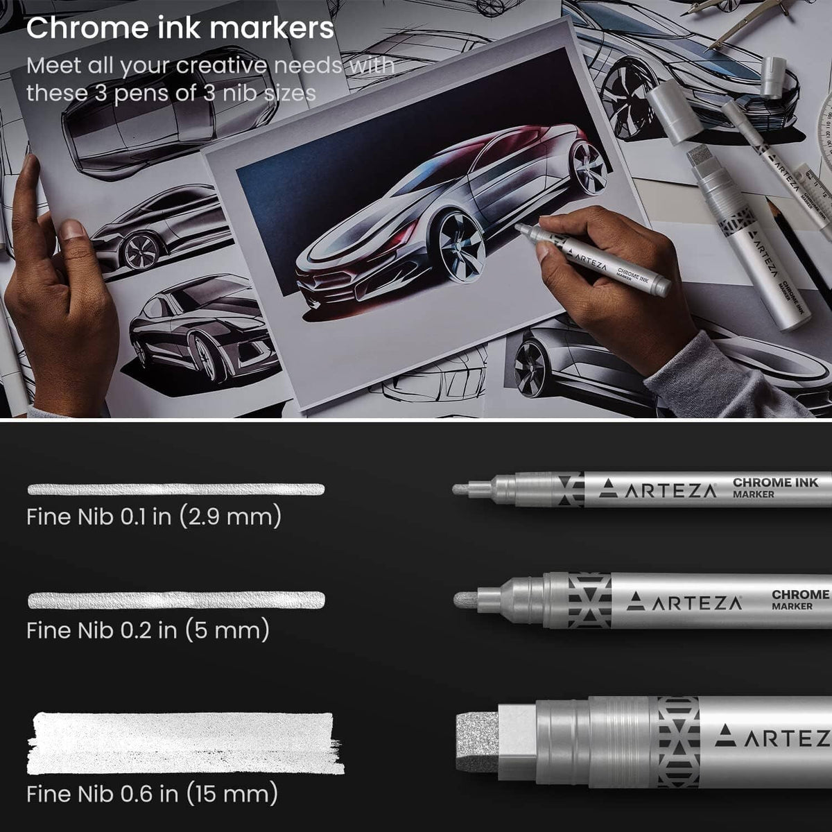 Chrome ink marker set with three silver markers and visible fine nib tips