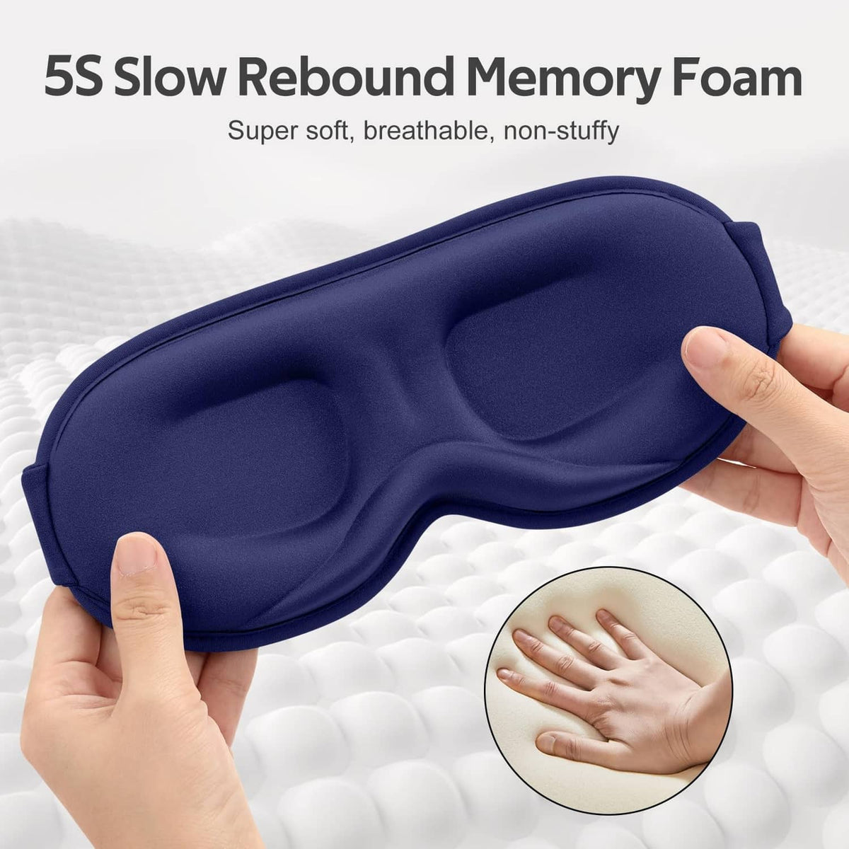 Blue memory foam sleep mask with smooth cushioned padding for comfortable wear