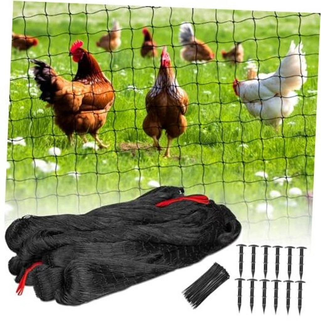 Black nylon bird netting roll with red ties and ground stakes set