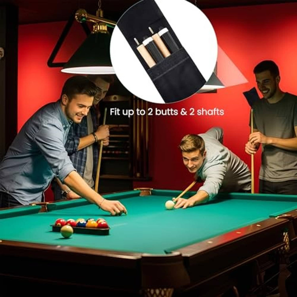 Black cue case in use beside a pool table; end pocket holds multiple cue sections