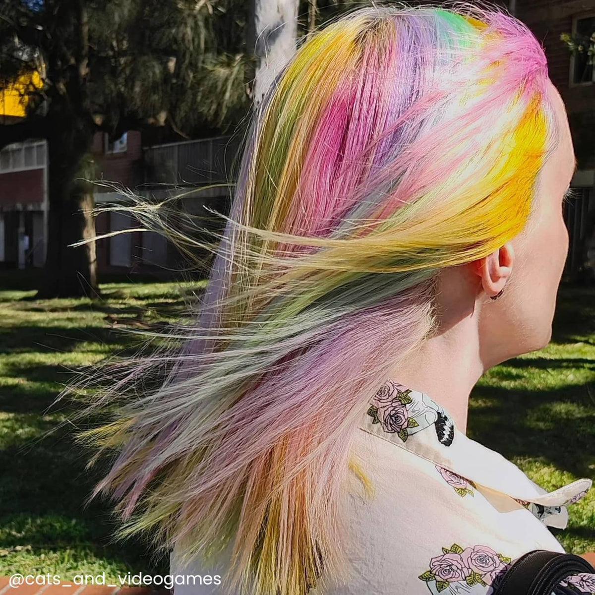 Diluter usage on hair: long multicolor strands with pink, yellow, green, and purple