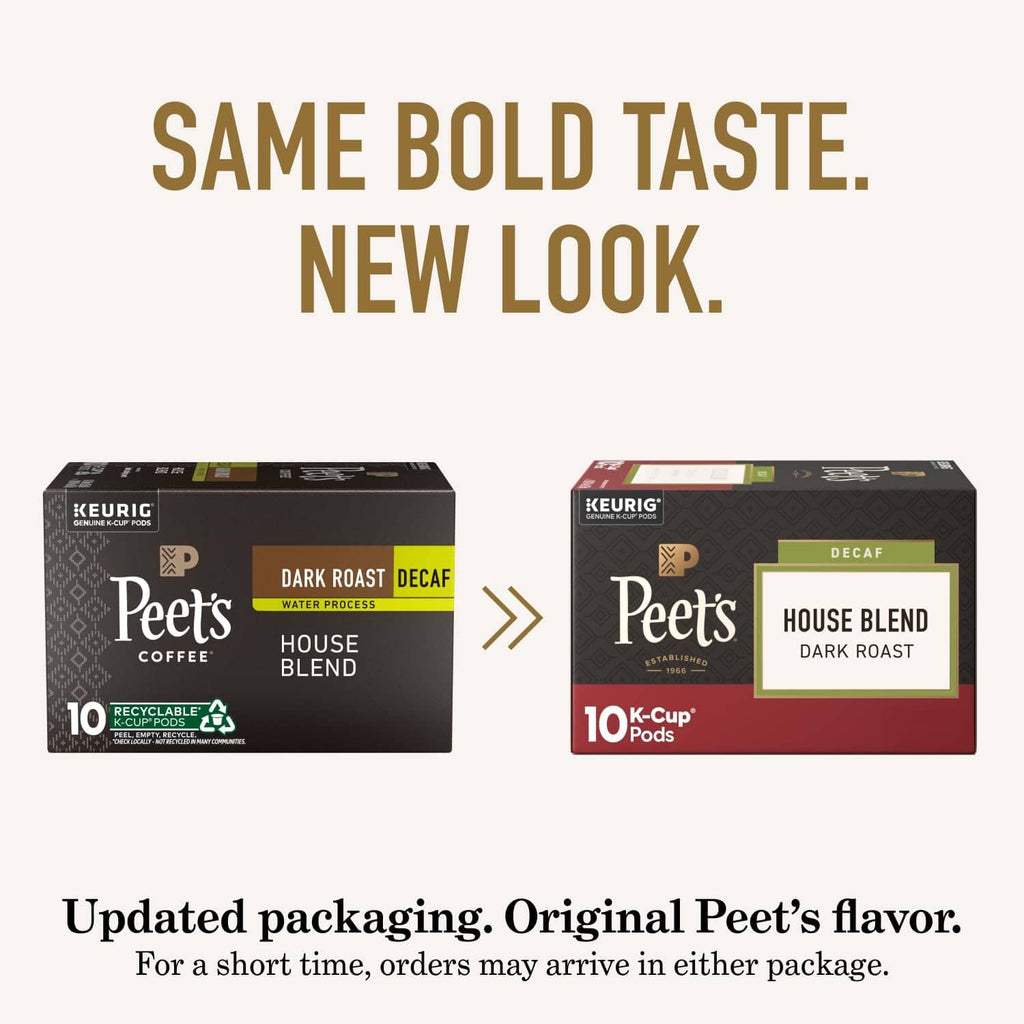 Peet's decaf house blend dark roast K-Cup boxes showing updated packaging
