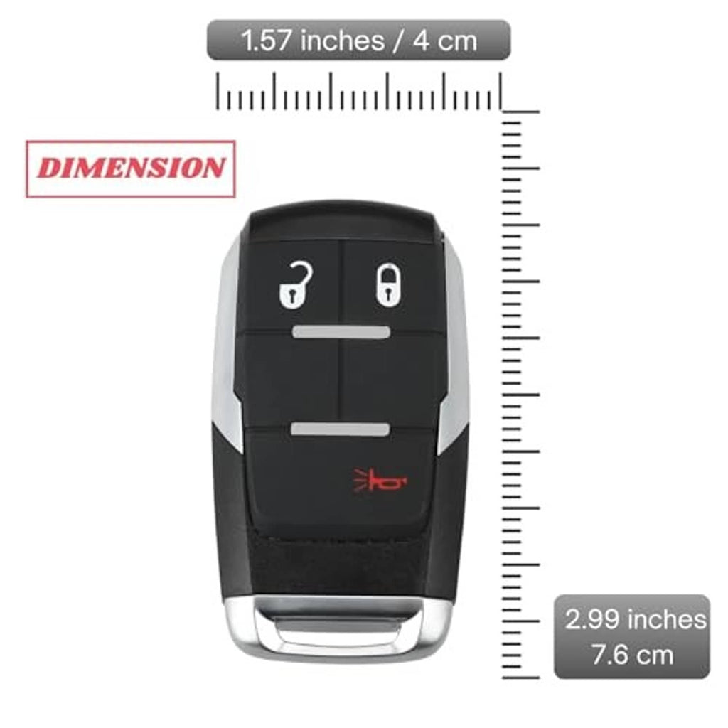 Black keyless entry remote key fob with silver base, shown next to a size ruler
