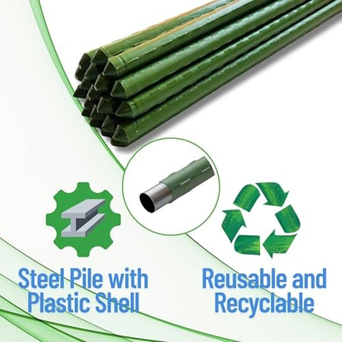 Green steel stakes with plastic shell, shown bundled; accessory loop and recyclable zip ties.
